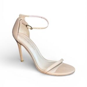 Stuart Weitzman Nudistsong Sandals Nude Leather Size 9.5 Heels 4.5” Ankle Strap
